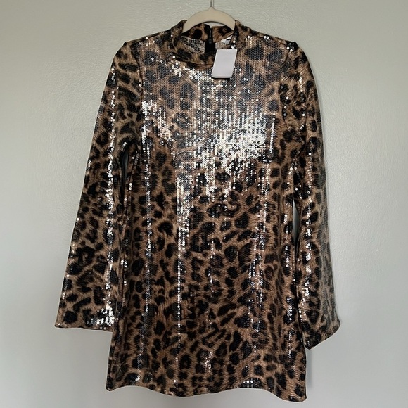 H&M SEQUINED A-LINE DRESS LEOPARD ANIMAL PRINT NWT SIZE S - Picture 6 of 12